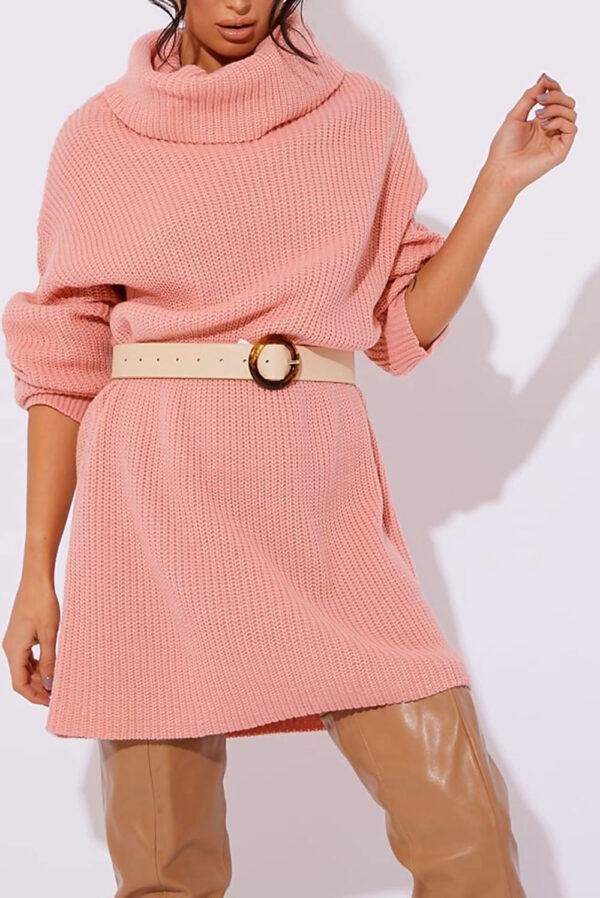 DUSTY PINK ROLL NECK KNITTED JUMPER DRESS